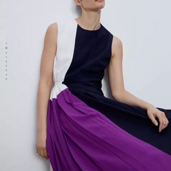 ZARA Women Pleated Patchwork Dress Navy Blue M - Picture 4 of 12